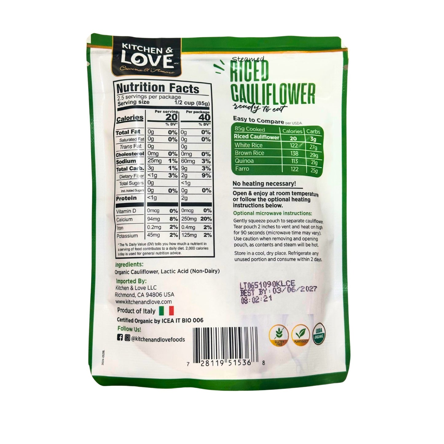 Organic Riced Cauliflower Pouch - 6 Pack
