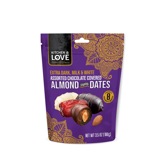 Extra Dark, Milk & White Assorted Chocolate Covered Almond Stuffed Dates - 4 Pack